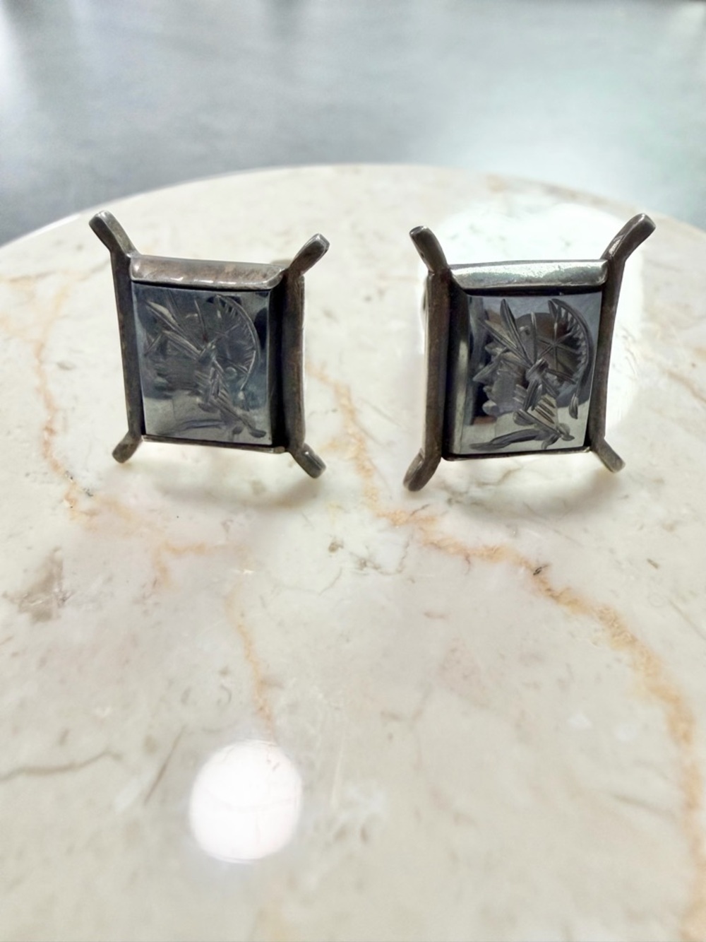 Vintage Sterling Silver Cameo Trojan Roman Soldier Cuff Links Carved Hematite - Picture 2 of 6